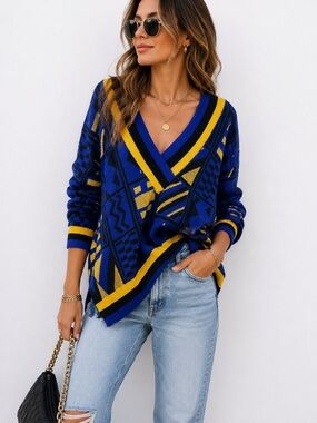 Vintage Maille à Partir Geometric Knit Sweater Medium Blue Yellow 80s 90s